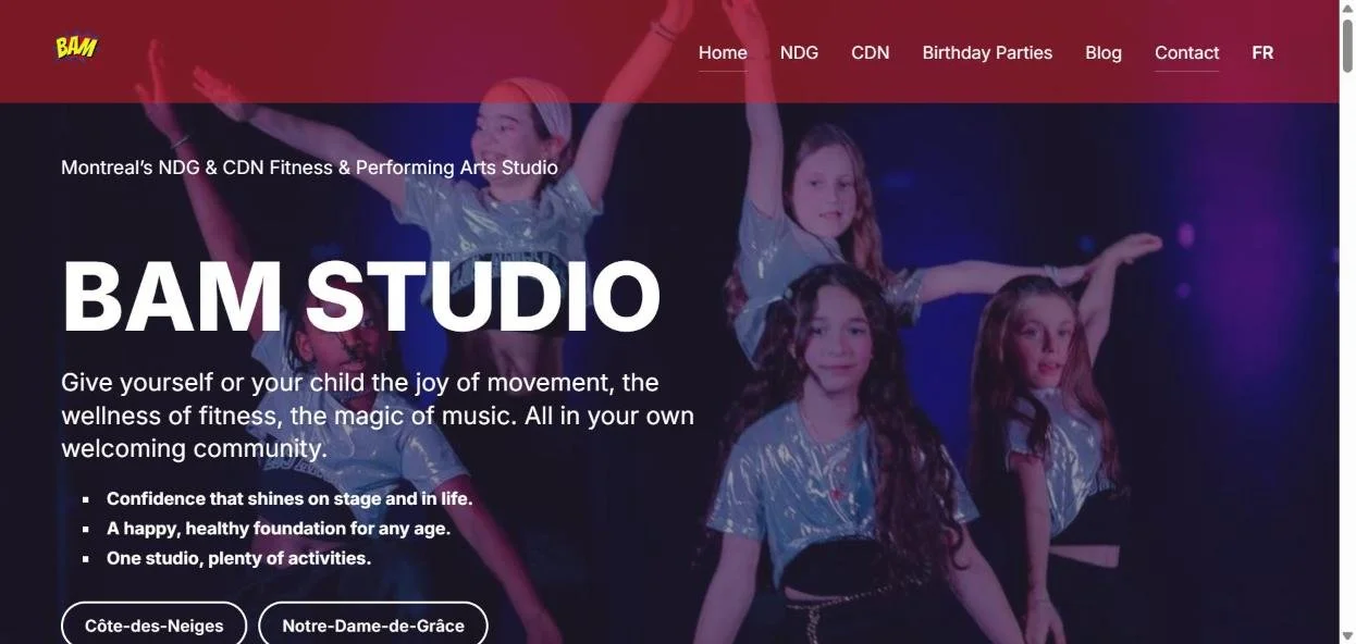 Website of BAM Studio, dance and fitness studio in NDG